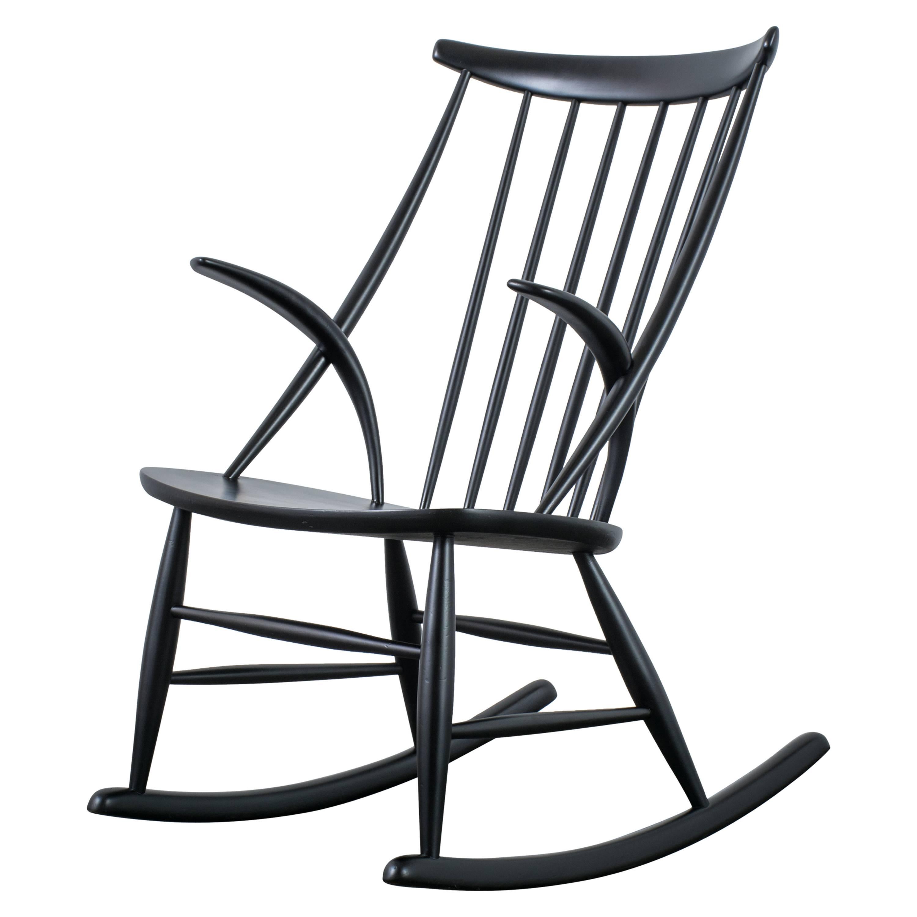 Illum Wikkelso Black Rocking Chair, Denmark, 1950s