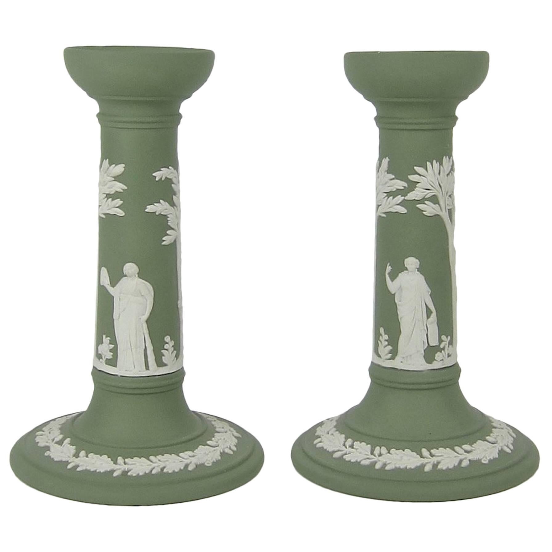 Wedgwood Neoclassical Candlestick Pair in Solid Green Jasper