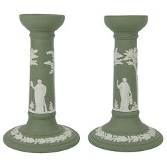 Vintage Wedgwood Neoclassical Candlestick Pair in Solid Green Jasper