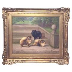 1920s, Parisian Oil on Canvas of Pomeranians