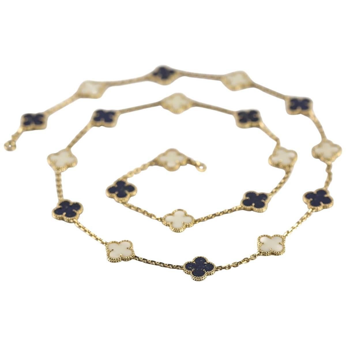 Lapis Lazuli and White Coral 20 Motif Alhambra Necklace by Van Cleef & Arpels For Sale