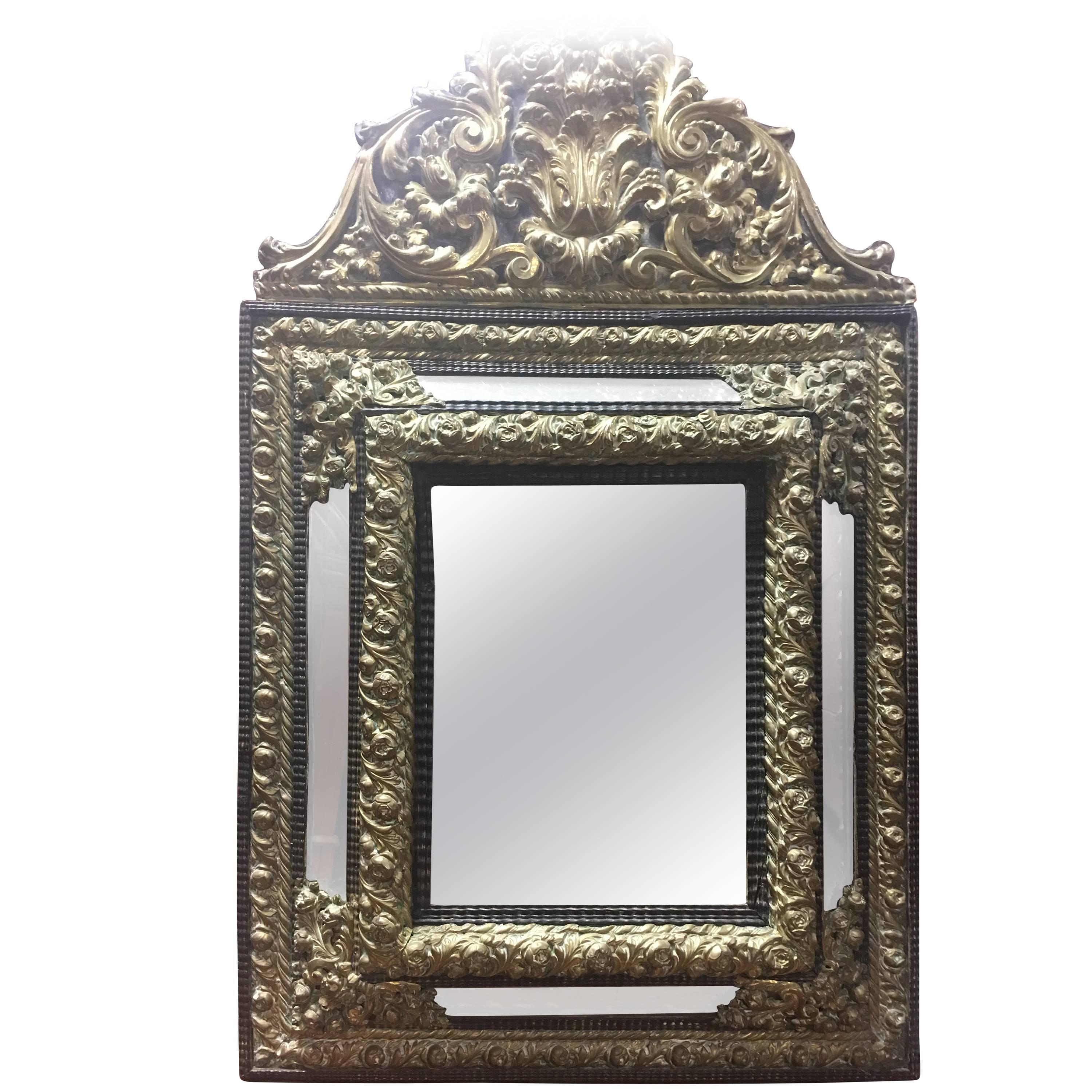19th Century French Louis XIV Style Ebony and Gilded Brass Mirror
