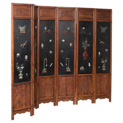 Important Chinese Jade Decorated Lacquered and Hardwood Six Fold Screen