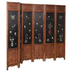 Important Chinese Jade Decorated Lacquered and Hardwood Six Fold Screen 7