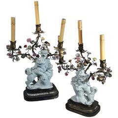 Pair of 19th Century Chinoiserie Porcelain and Bronze Candelabras