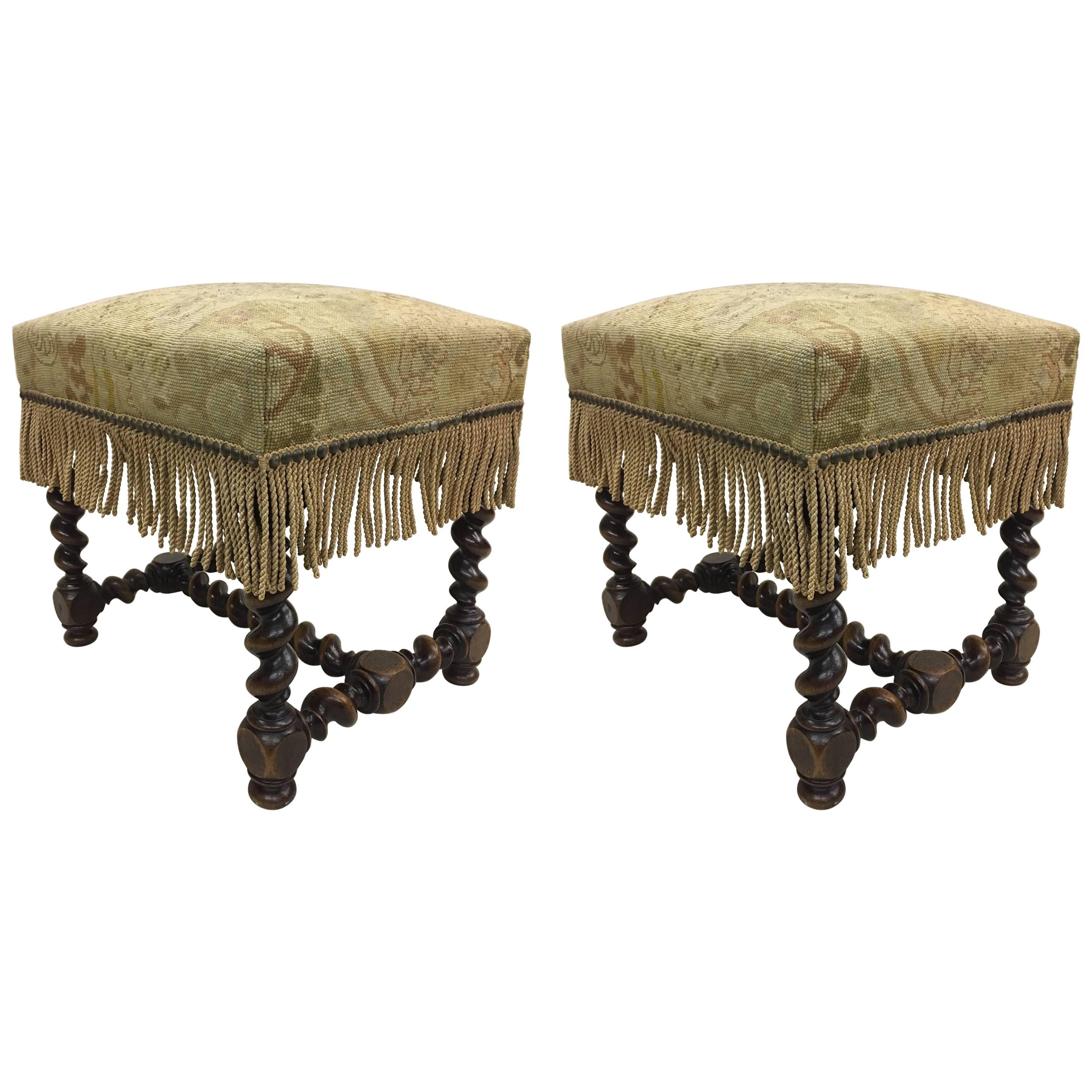 Pair of Hand-Carved French 19th Century Louis XIII Style Barley Twist Benches 