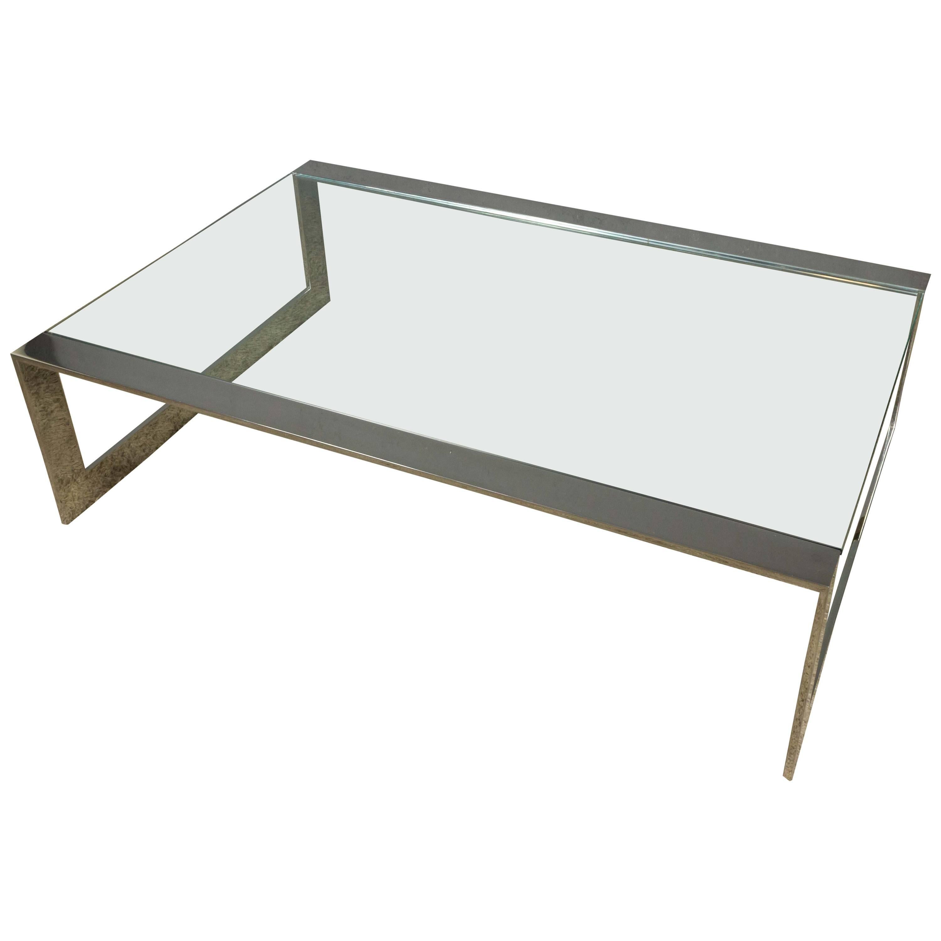 1970s Polished Steel and Glass Coffee Table For Sale