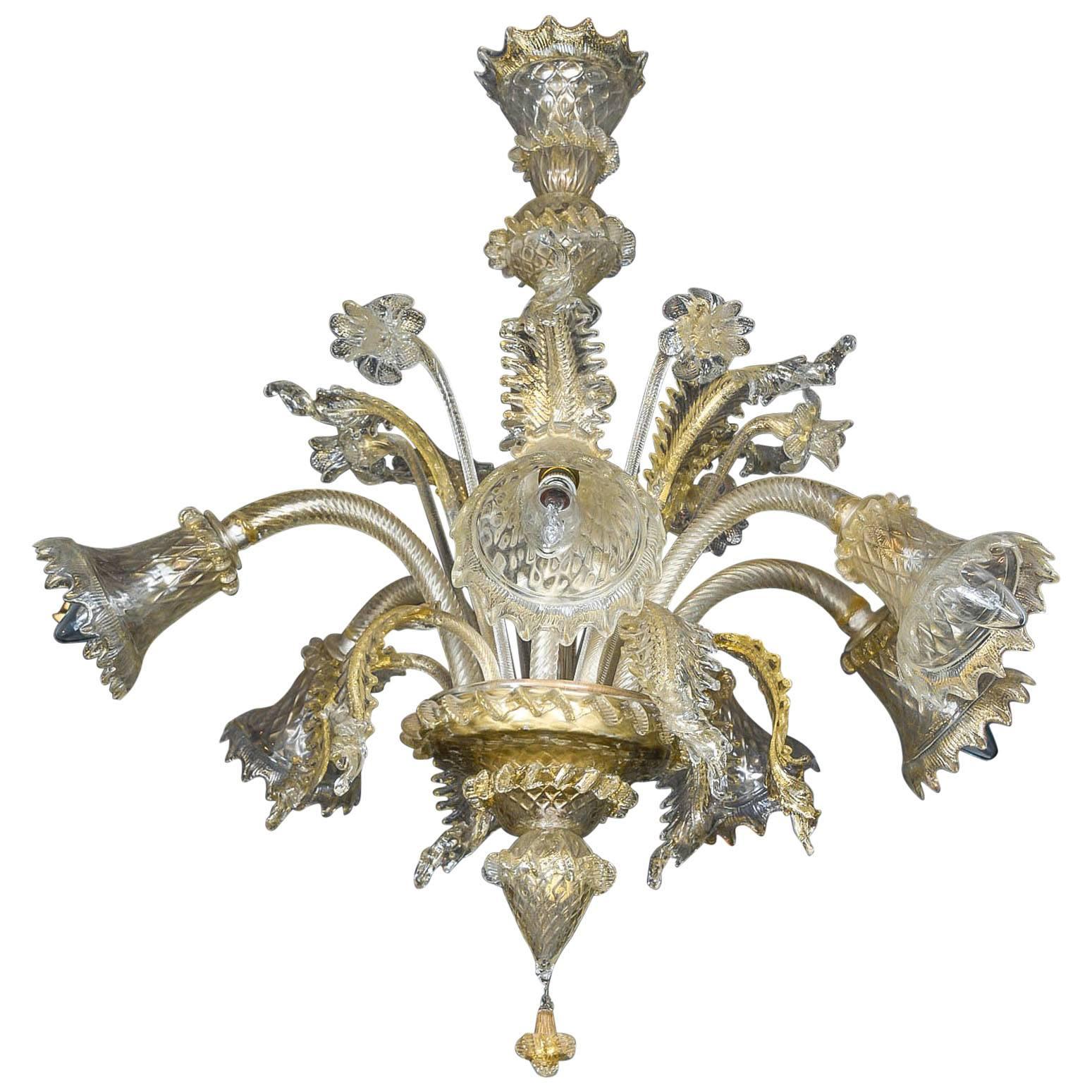 Chandelier in Gold and Transparent Murano Glass with Six Lights
