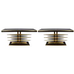Pair of Consoles Tables in Tinted Glass and Brass Pair of Consoles Tables in Tinted Glass and Brass