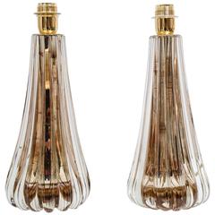 Pair of Table Lamps in Murano Glass and Mirror Signed "Toso Murano"