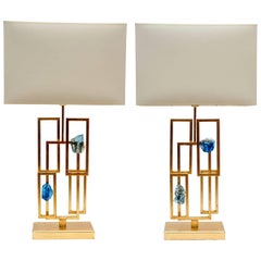 Pair of Painted Lamps and Slag Glass Decors