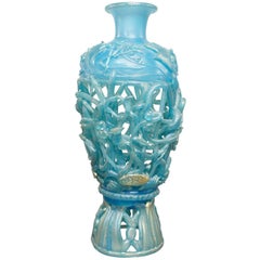 Vintage Ermanno Nason Hand-Blown Vase in Opalescent Blue Glass & Gold Overlay, 1967