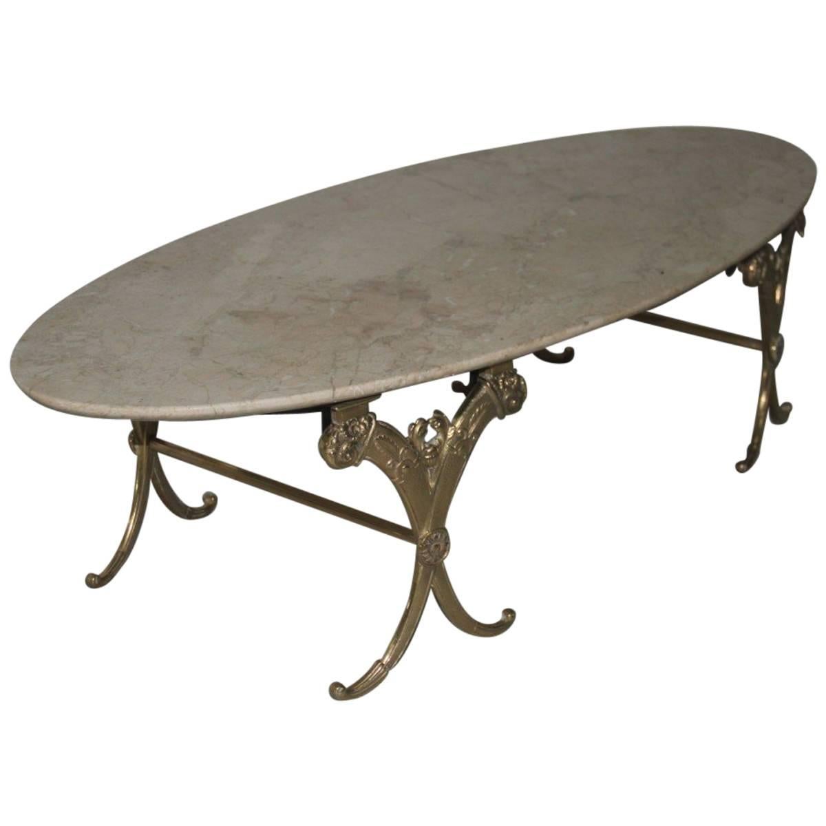 Elegant Refined Low Oval Table Mid-Century Italian Design Brass and Marble
