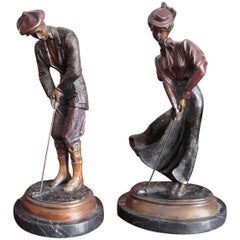 Vintage Pair of Bronze Male & Female Golfer Sculpture in 1920s Outfit on Marble