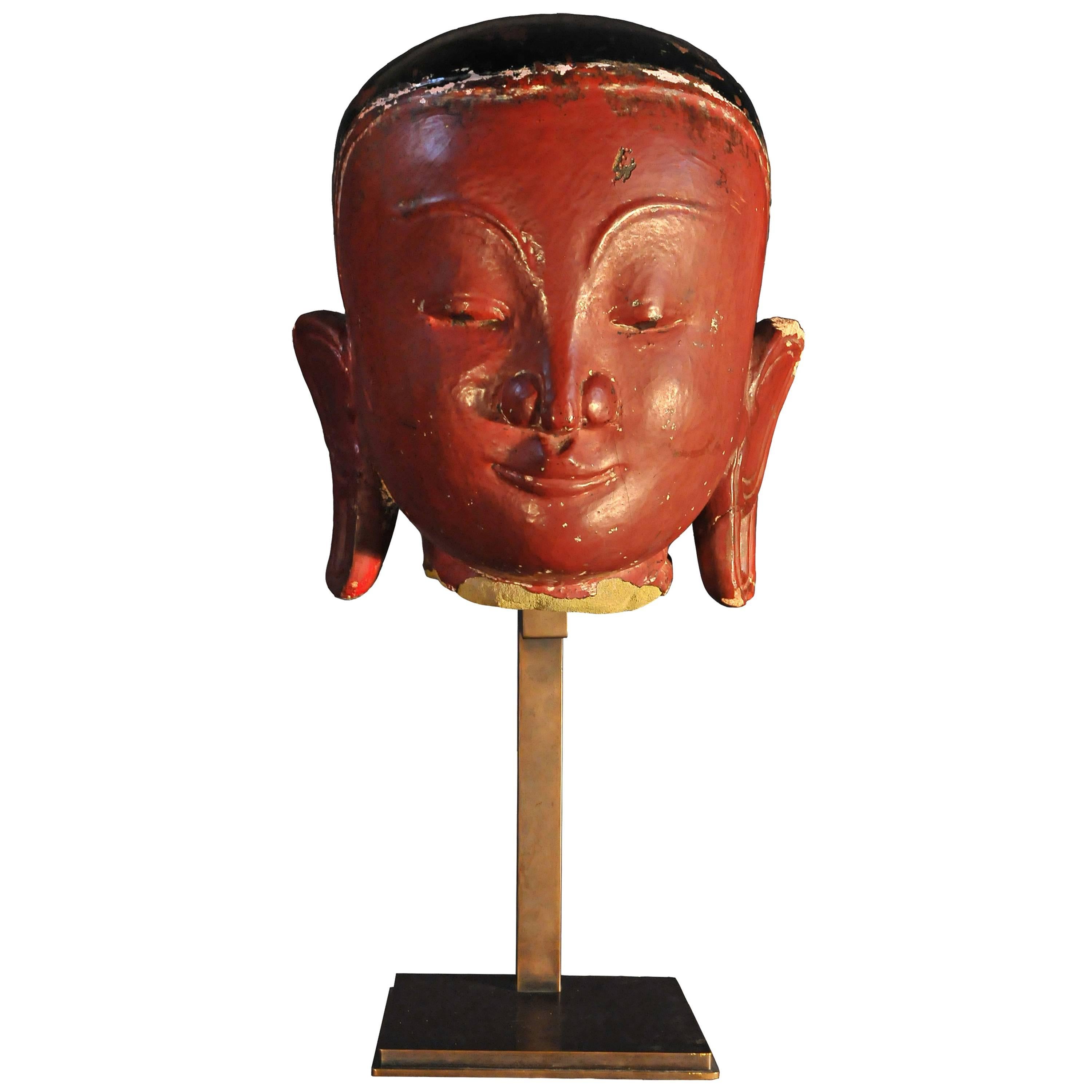 14th Century Sandstone wth Red and Black Lacquer Lohan Head, Pagan Period, Burma For Sale
