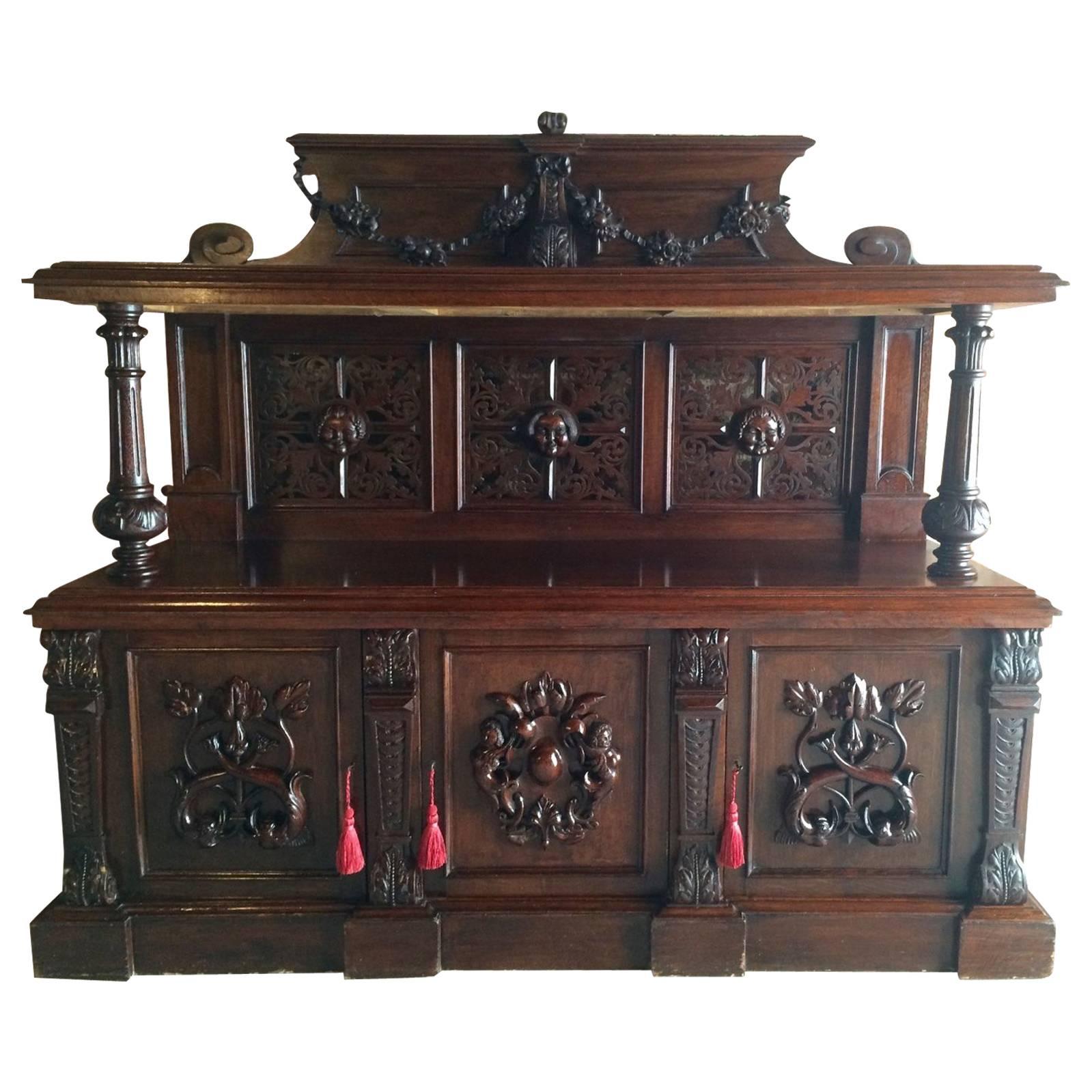Antique Sideboard Buffet Gothic Oak 19th Century Victorian Heavily Carved