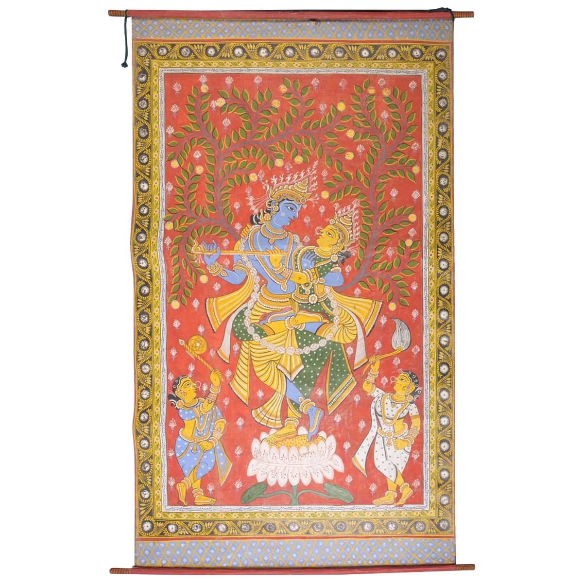 Large Hand-Painted, Rolled Painting of Radha-Krishna, the Divine Couple, India