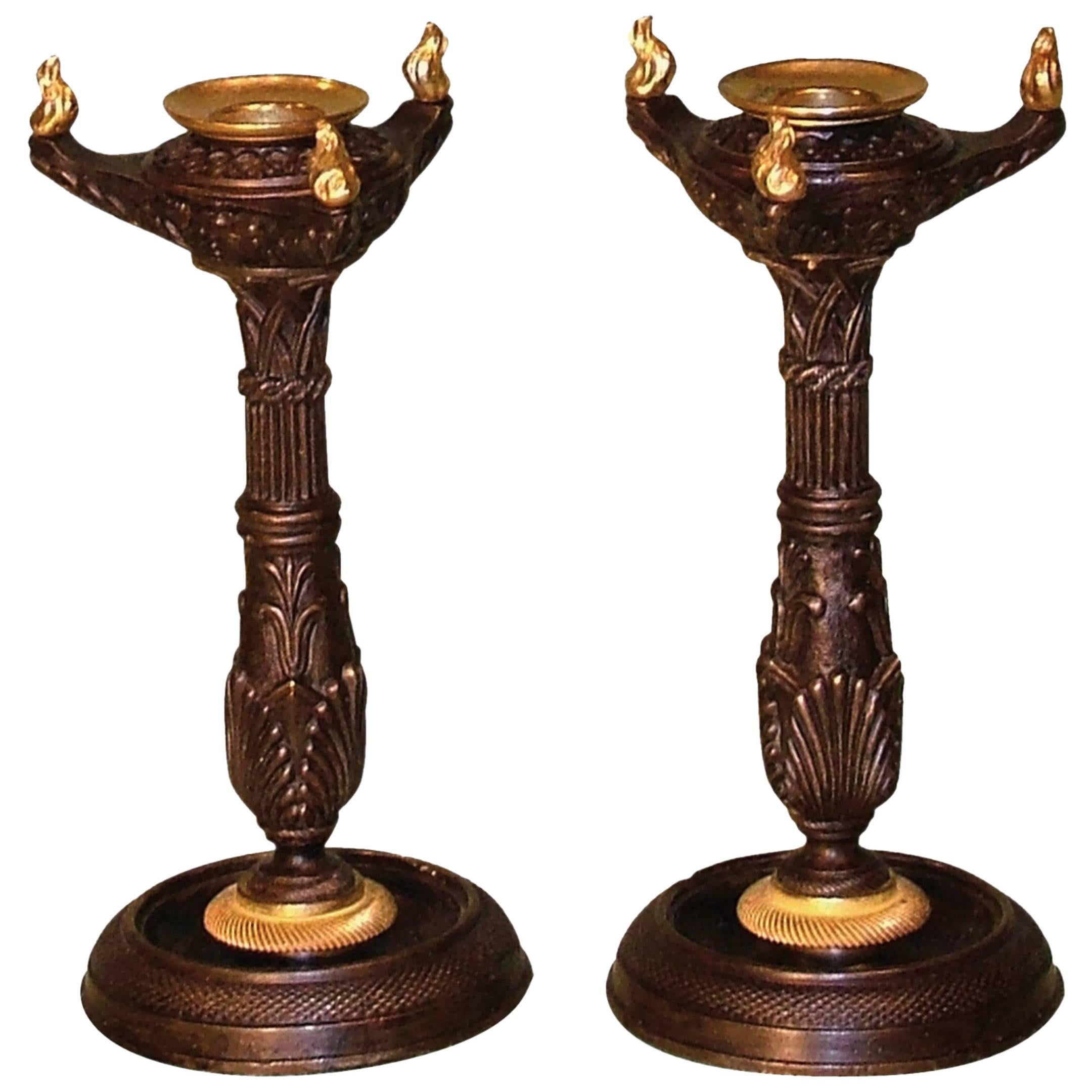 Regency period bronze and ormolu gothic candlesticks For Sale