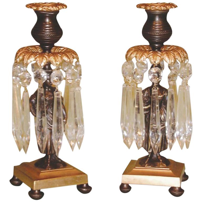 19th Century bronze and ormolu flower lady lustre candlesticks For Sale