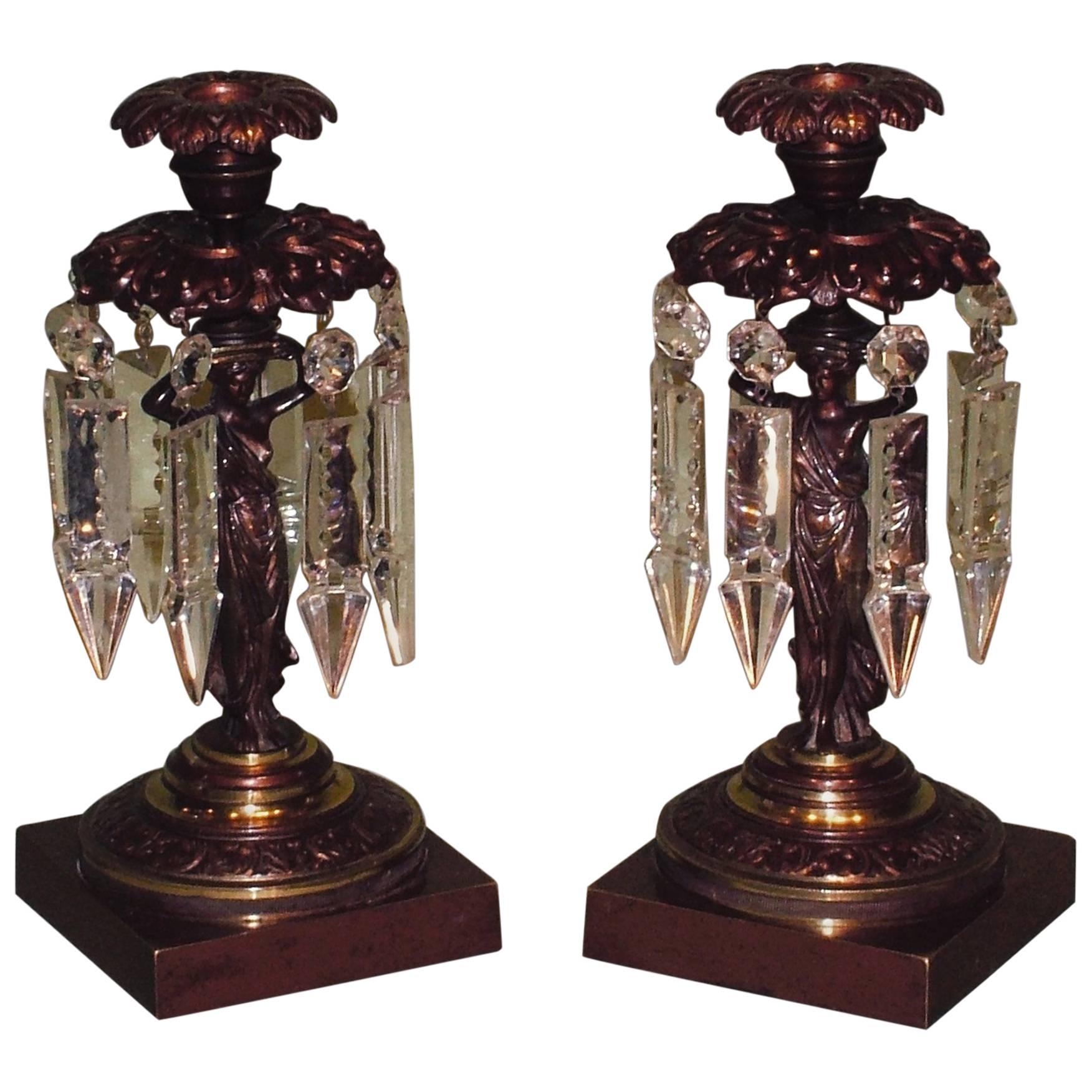 Regency bronze and ormolu classical lady lustre candlesticks For Sale