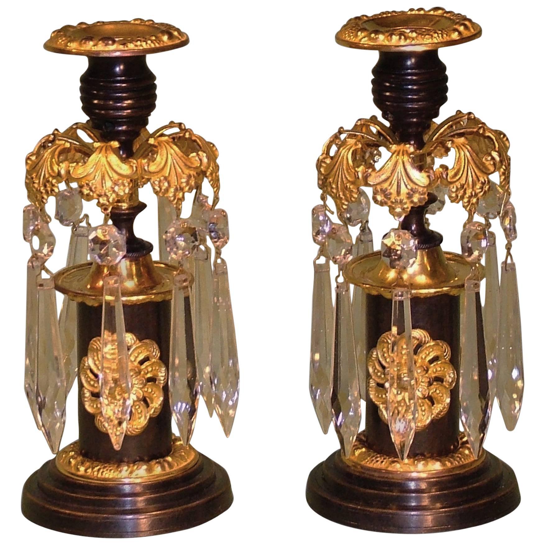 Pair of 19th Century Bronze and Ormolu Lustre Candlesticks