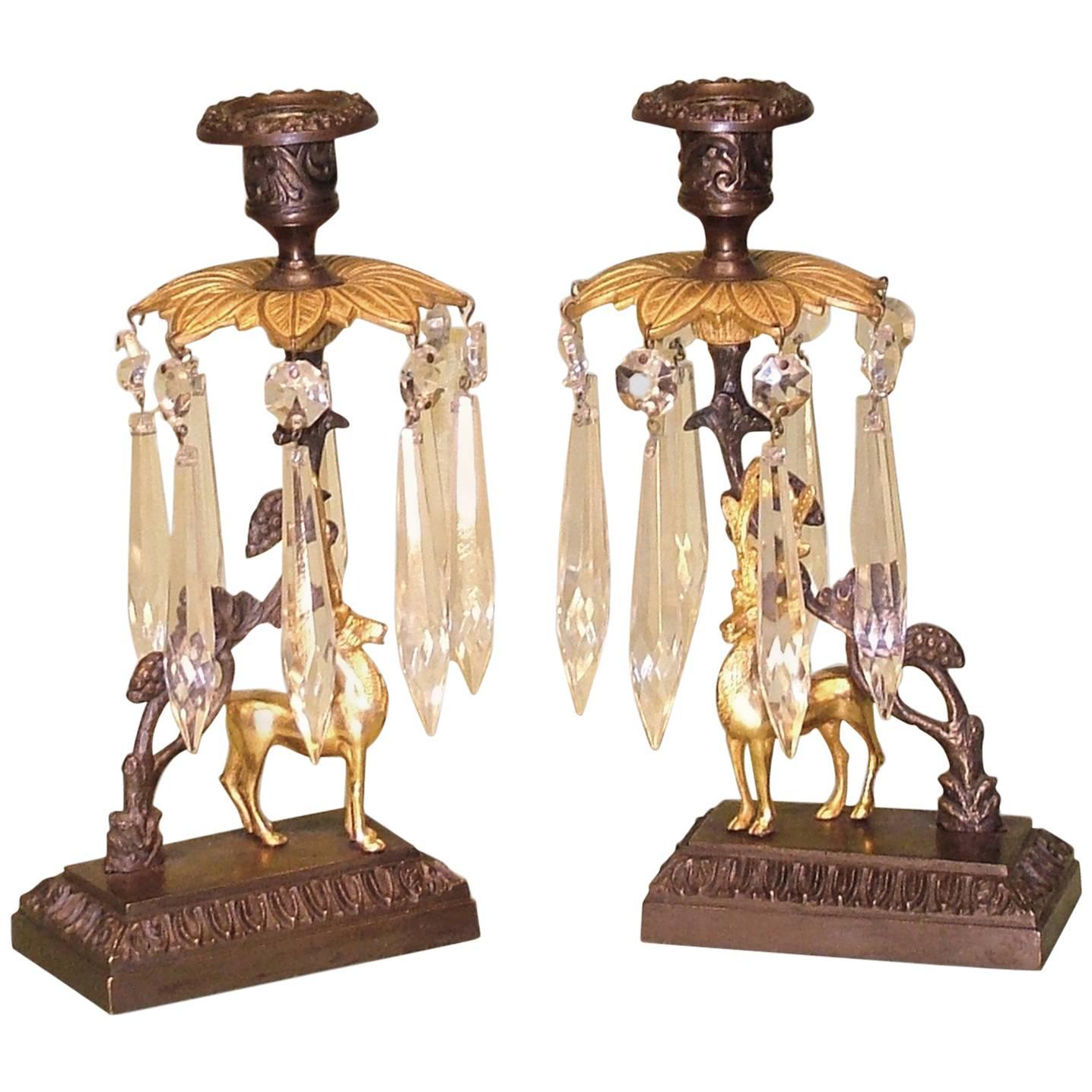 19th Century bronze and ormolu stag lustre candlesticks For Sale