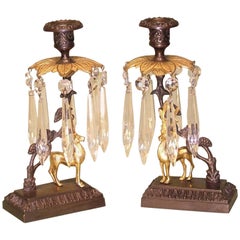 Antique 19th Century bronze and ormolu stag lustre candlesticks