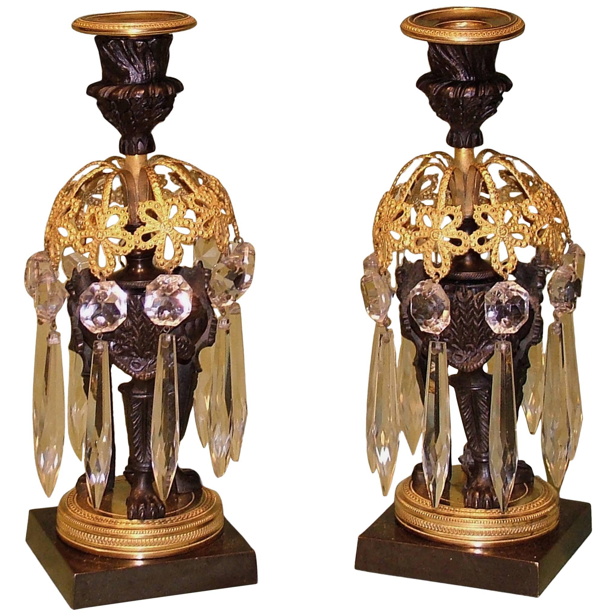 19th Century bronze and ormolu lustre candlesticks