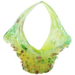 Lime Green and Yellow Murano Glass Basket Vase with Applied Pastel Color Drops