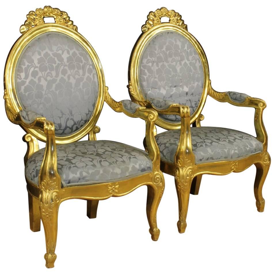 20th Century Pair of Italian Golden Armchairs with Floral Fabric
