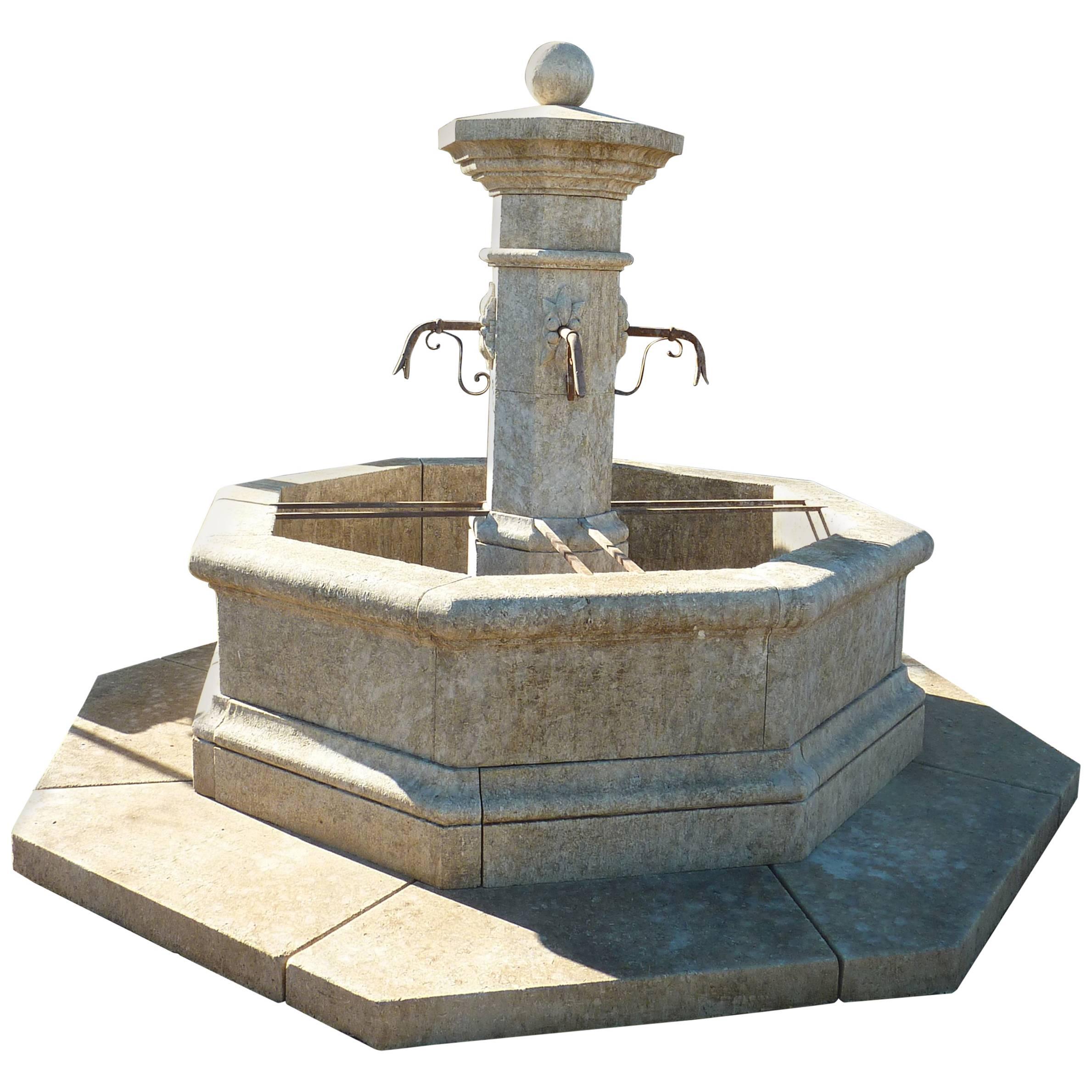 Provence Central Octagonal Fountain Hand Carved in French Natural Limestone For Sale