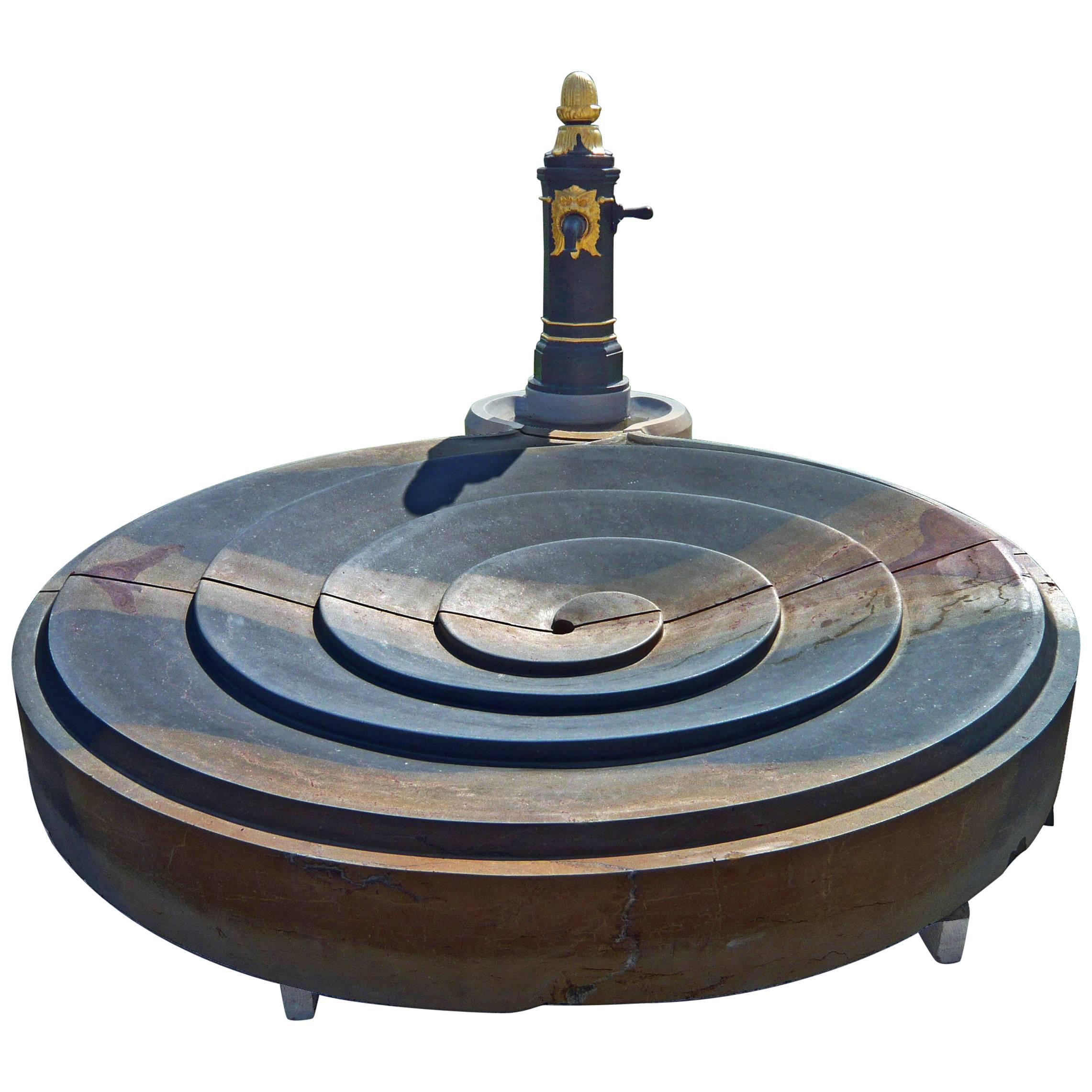 21st Century Central Fountain with Spiraling Basin in Stone and Iron Water Pump For Sale