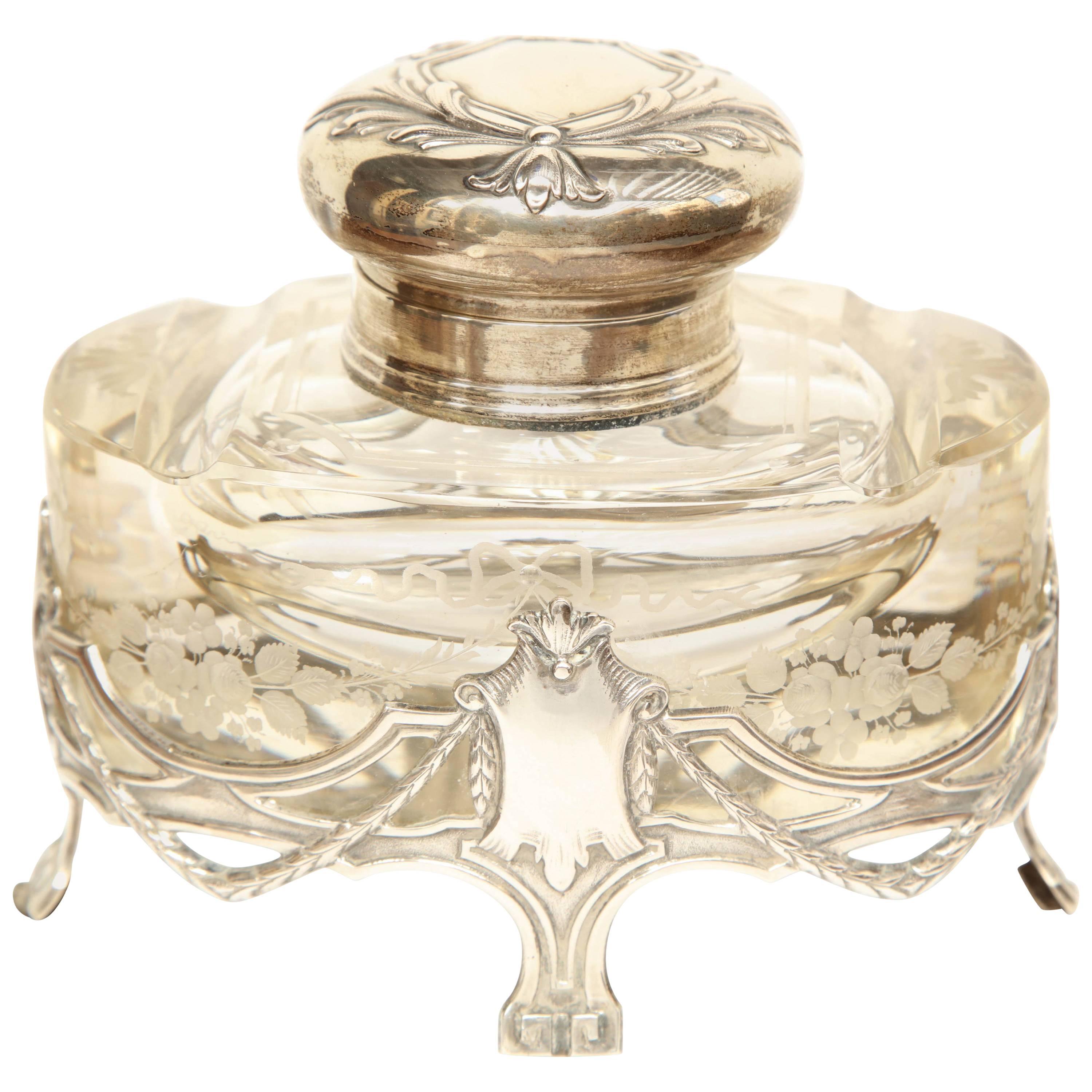 Early 20th Century Art Nouveau German Silver and Glass Inkwell For Sale