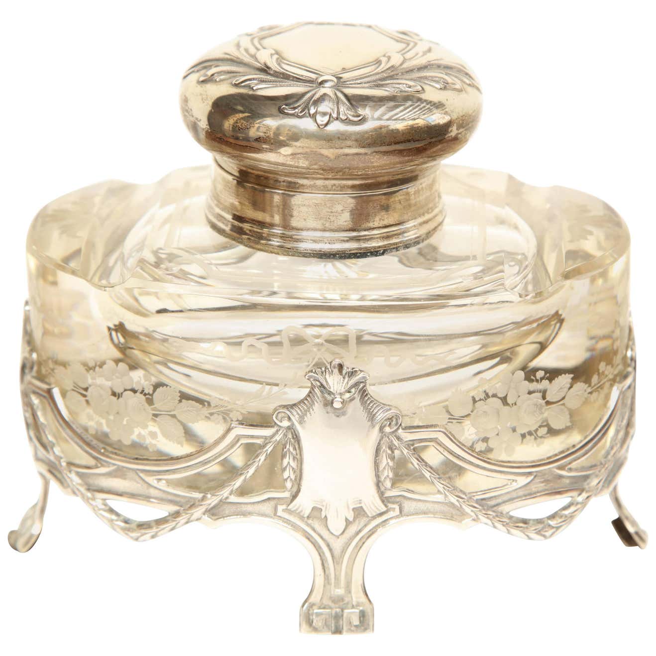 Early 20th Century Art Nouveau German Silver and Glass Inkwell For Sale ...