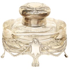 Early 20th Century Art Nouveau German Silver and Glass Inkwell
