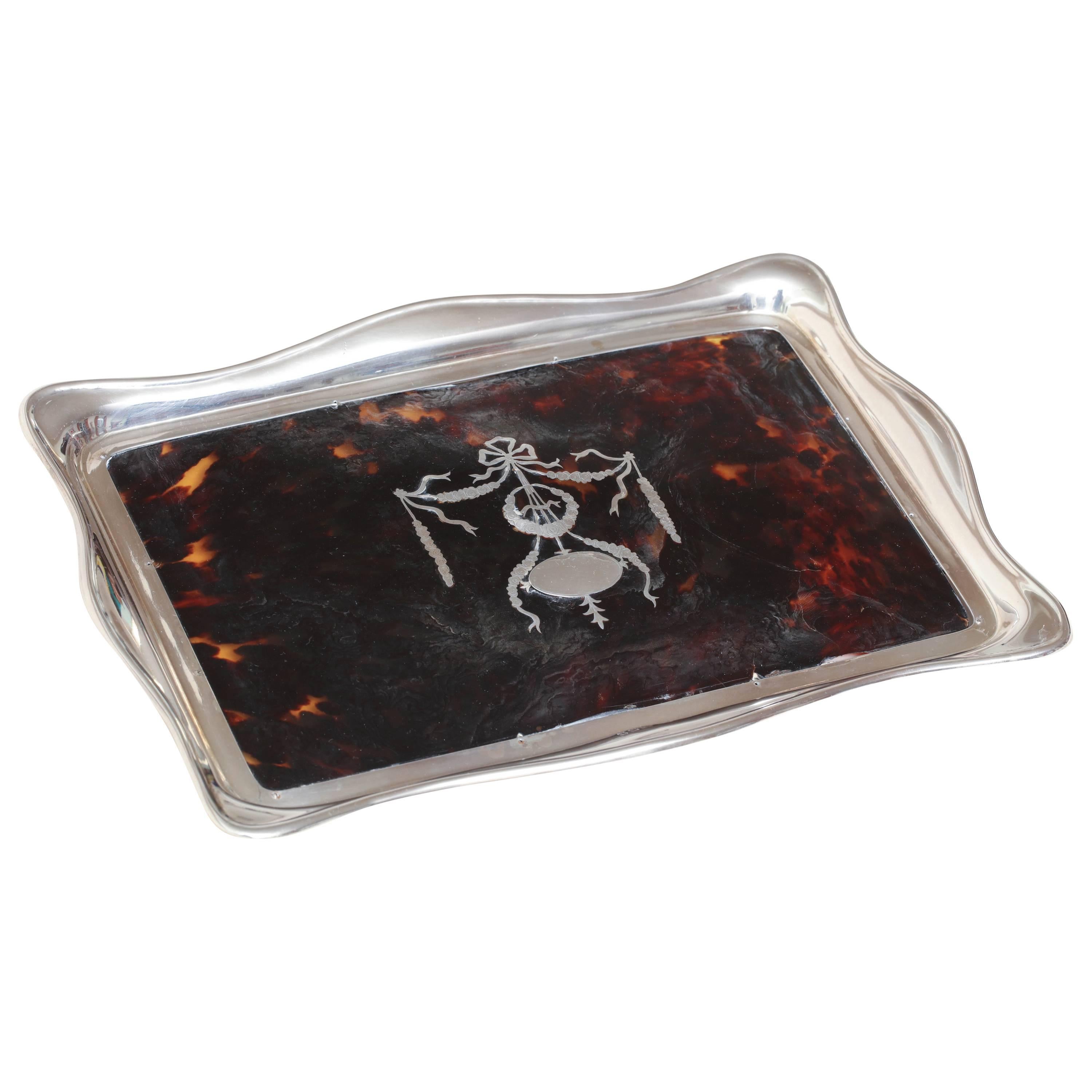 English Art Deco Faux Tortoiseshell & Sterling Silver Tray For Sale