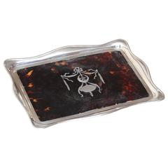 English Art Deco Faux Tortoiseshell & Sterling Silver Tray