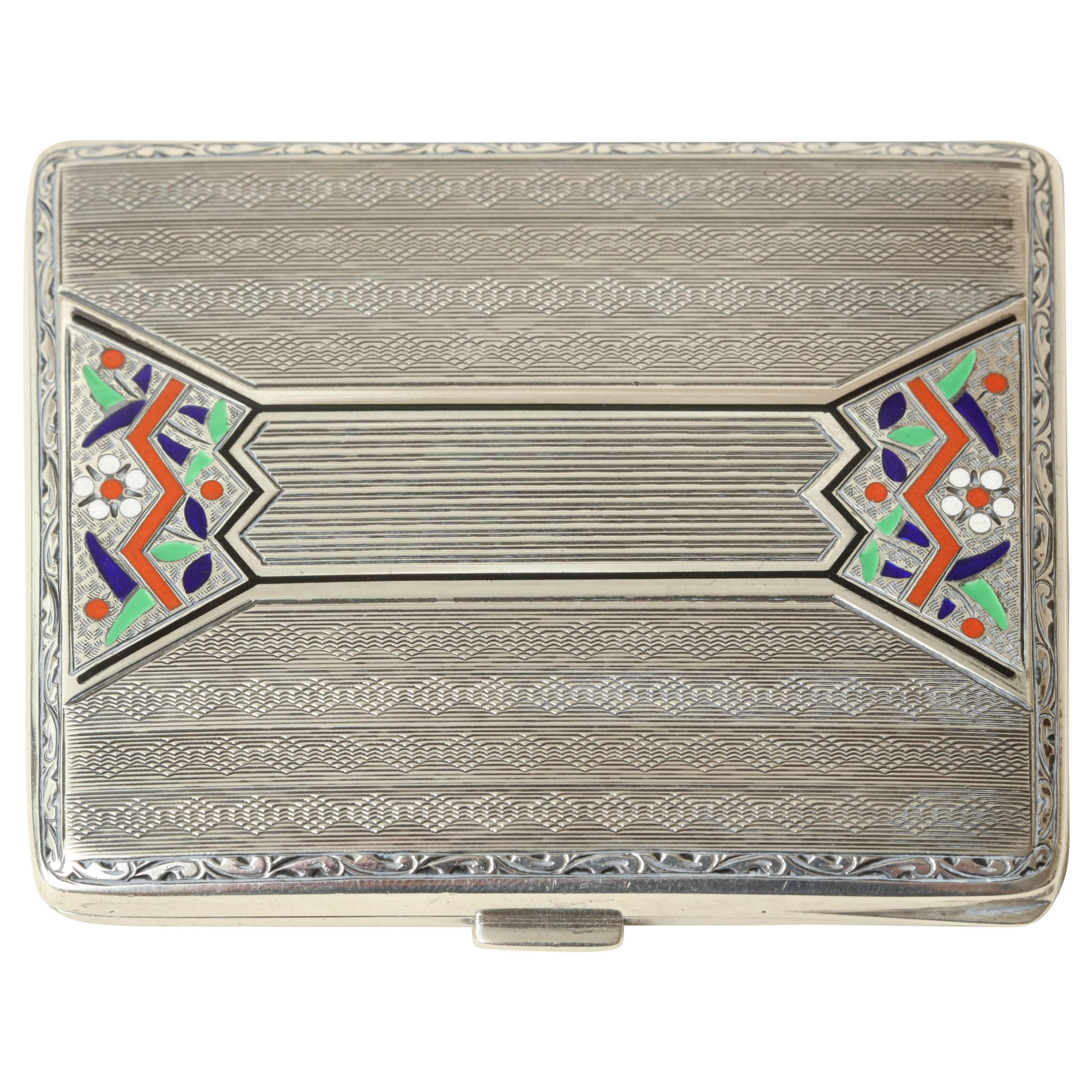 Continental Art Deco Sterling Silver and Champleve Enamel Cigarette Case