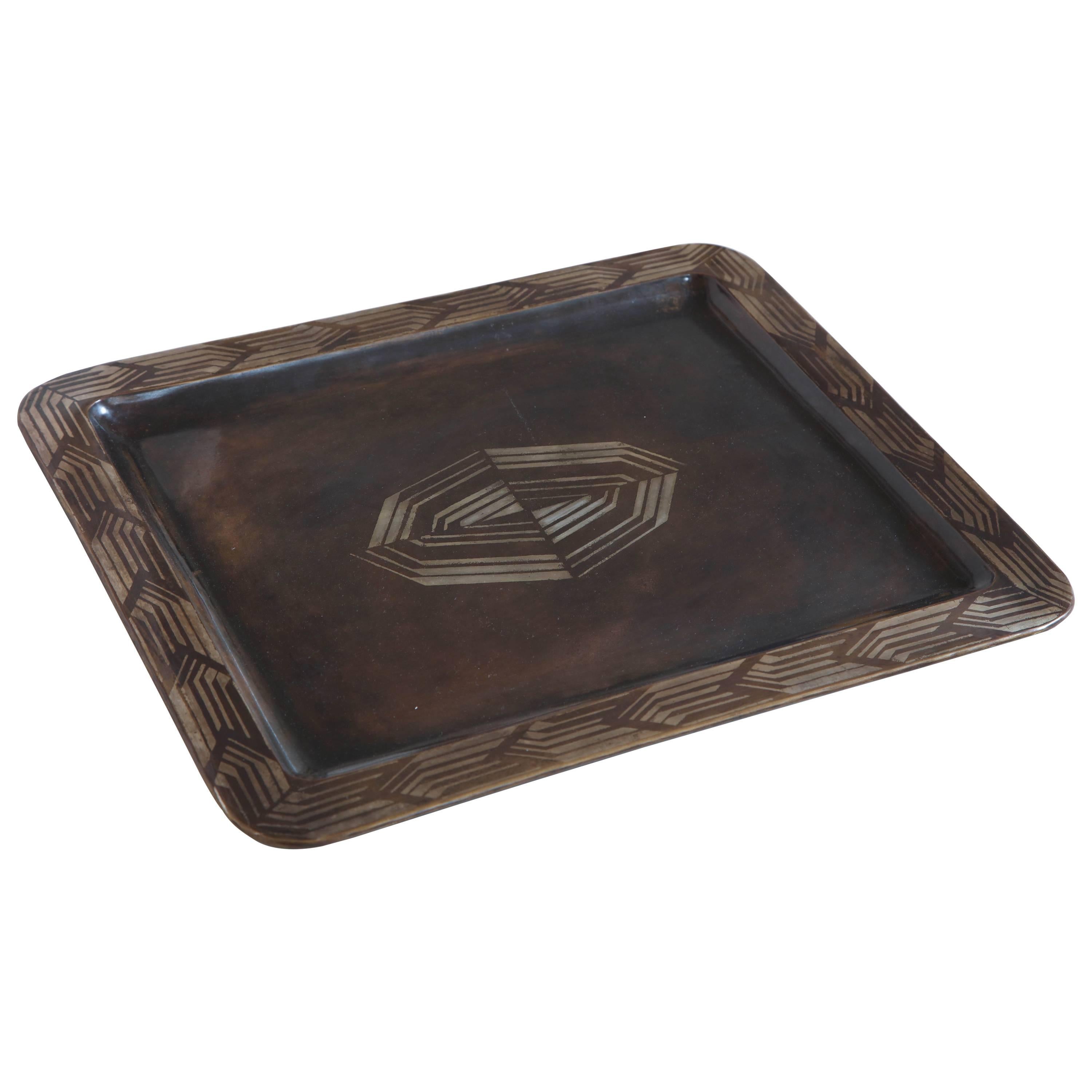 Fernand Grange French Art Deco Brass and Silver Dinanderie Tray For Sale