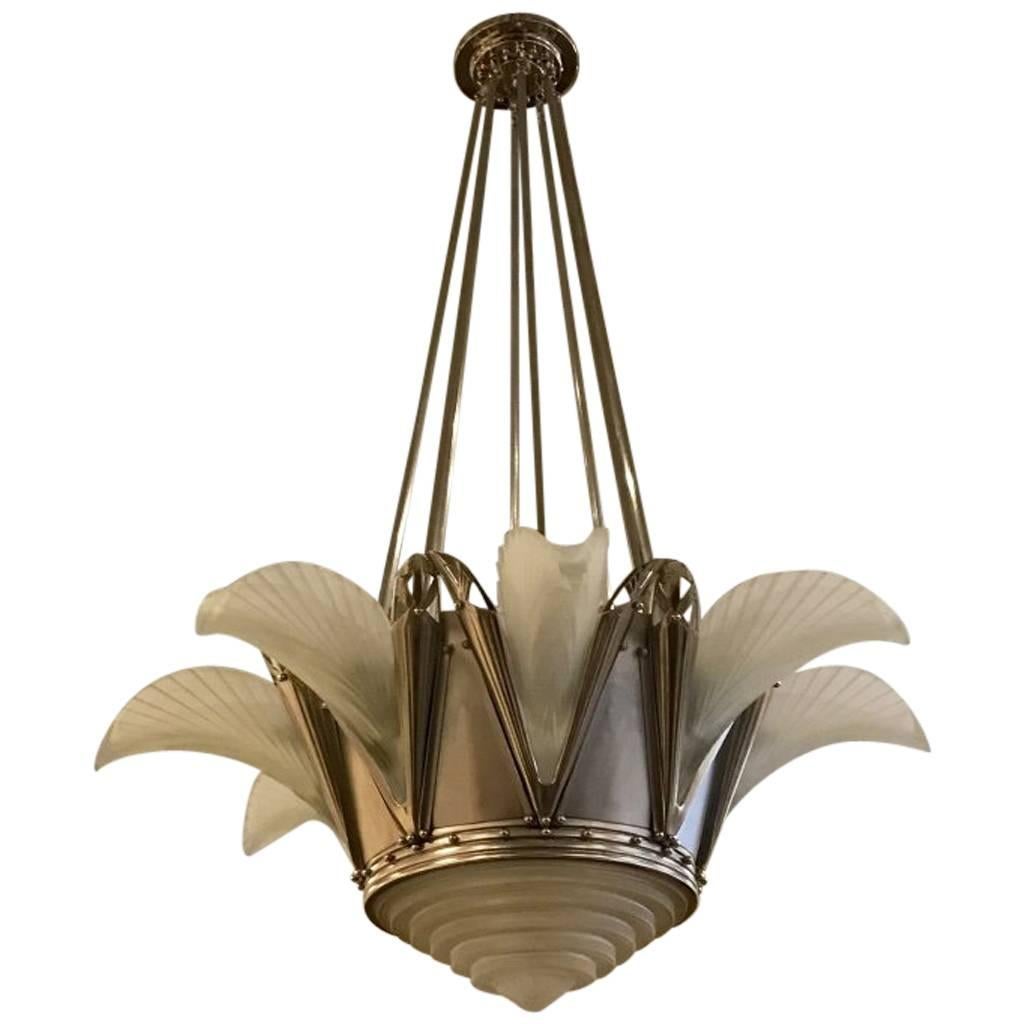 Stunning French Art Deco Chandelier Signed by G Leleu For Sale