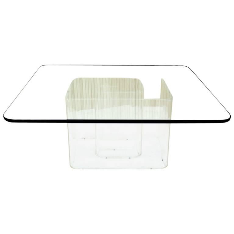 Lucite Snail Base Square 3/4" Thick Glass Top Coffee Table For Sale