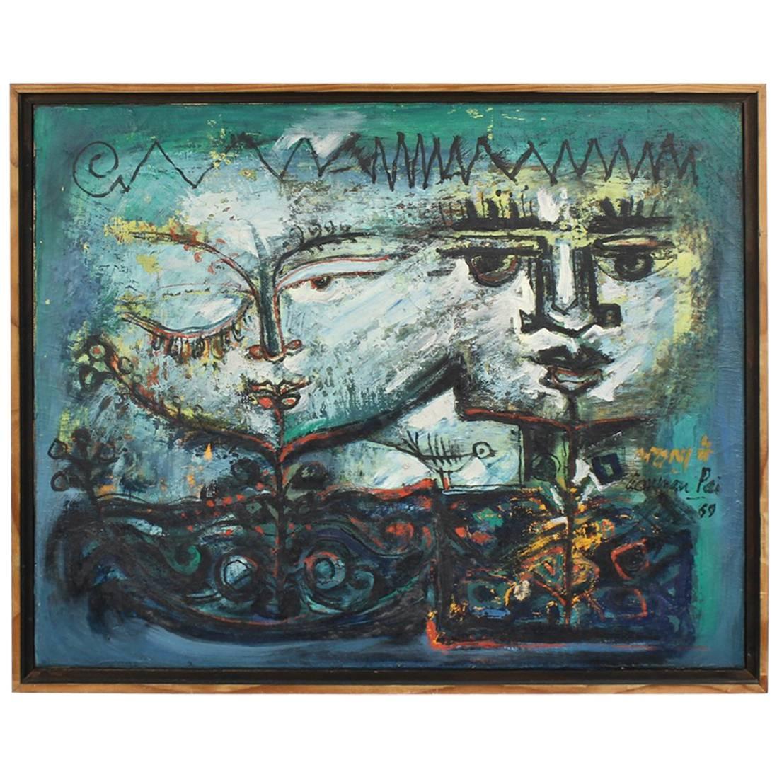 "Lake", an Indian Modernist Oil on Canvas Painting by Laxman Pai, 1969