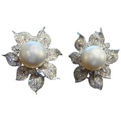 Magnificent 18-karat Large Fancy AA-AAA White South Sea Pearl, Diamond Earrings