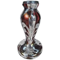 Alvin Iridescent Glass Bud Vase with Floral Silver Overlay