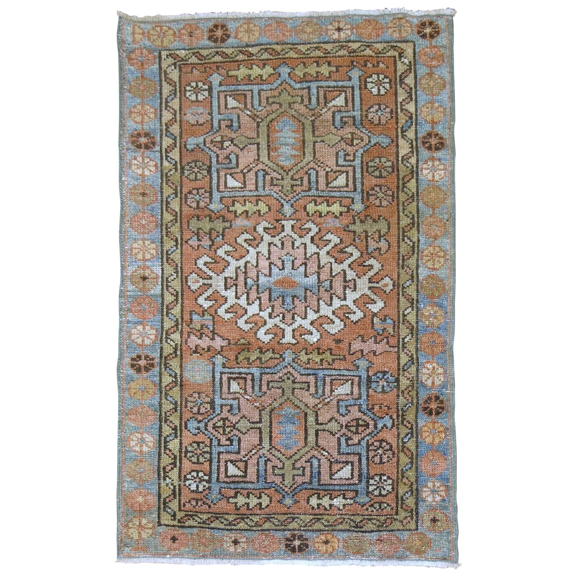 Persian Heriz Throw Rug with Light Blue Accents