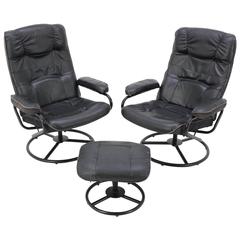 Scandinavian Leather Armchairs and Stool, 1980s 1