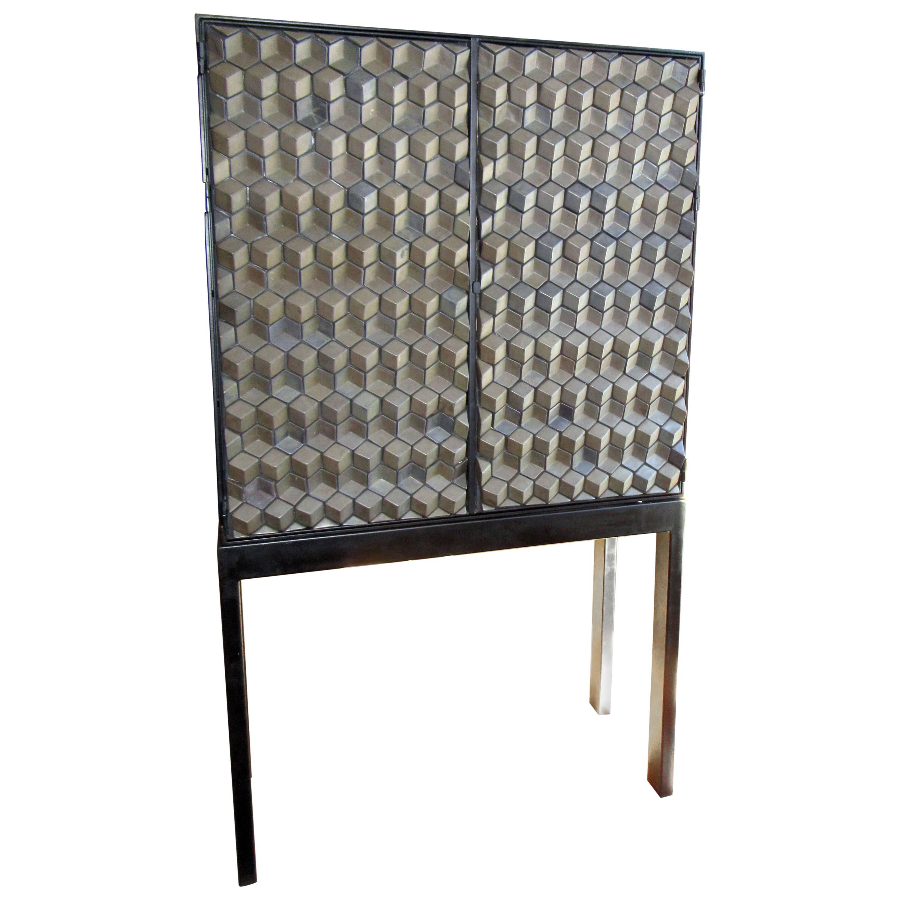 Artisan Crafted Iron Framed & Ceramic Three Dimensional Design Cabinet on Stand For Sale