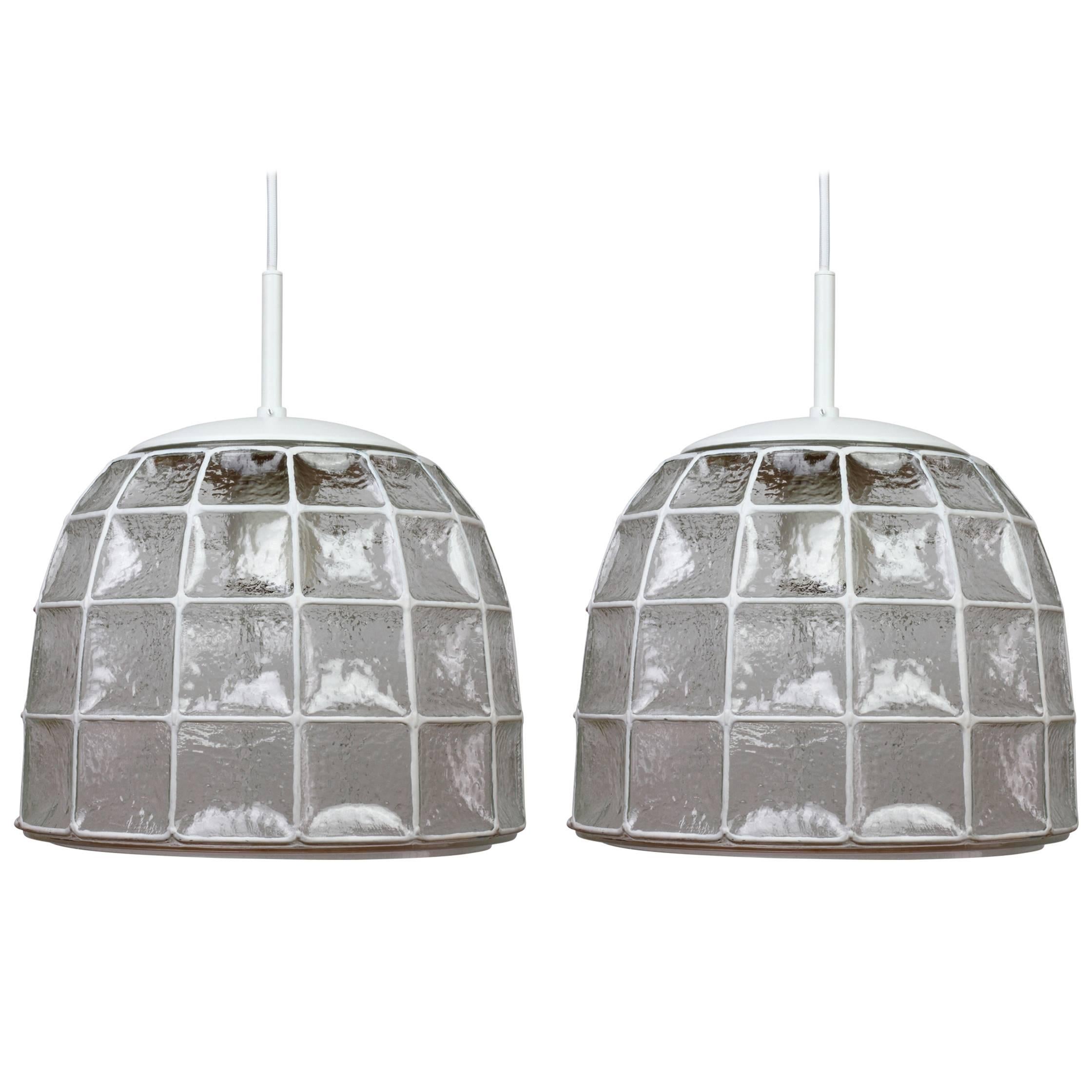 One of a Pair 1960s White Iron & Glass Honeycomb Bell Pendant Lights by Limburg