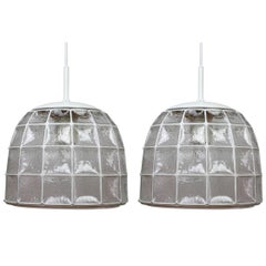 One of a Pair 1960s White Iron & Glass Honeycomb Bell Pendant Lights by Limburg