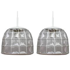 One of Two 1960s White Iron and Glass Honeycomb Bell Pendant Lights by Limburg 10